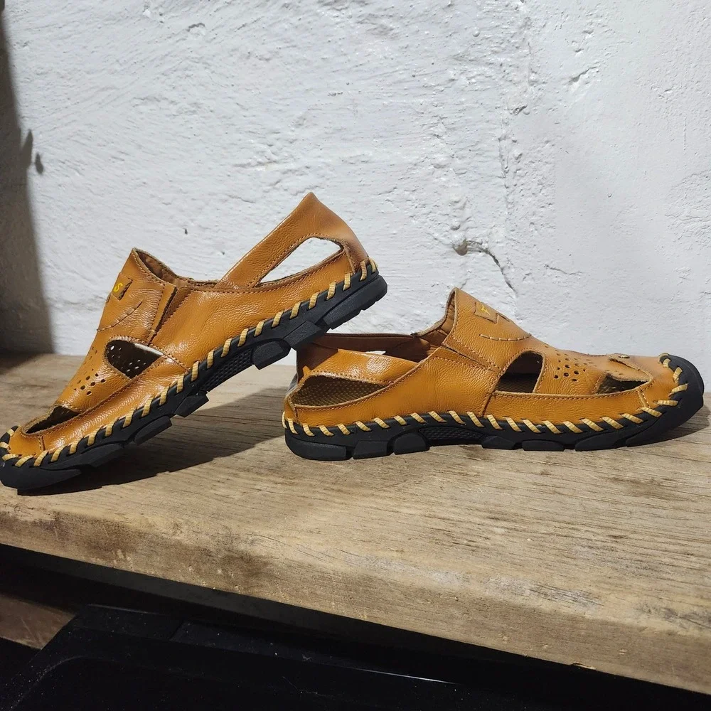 CLOHCO Mens Leather Fisherman Sandals 9917 280 Tan Brown Slip On Loafers Size 10
